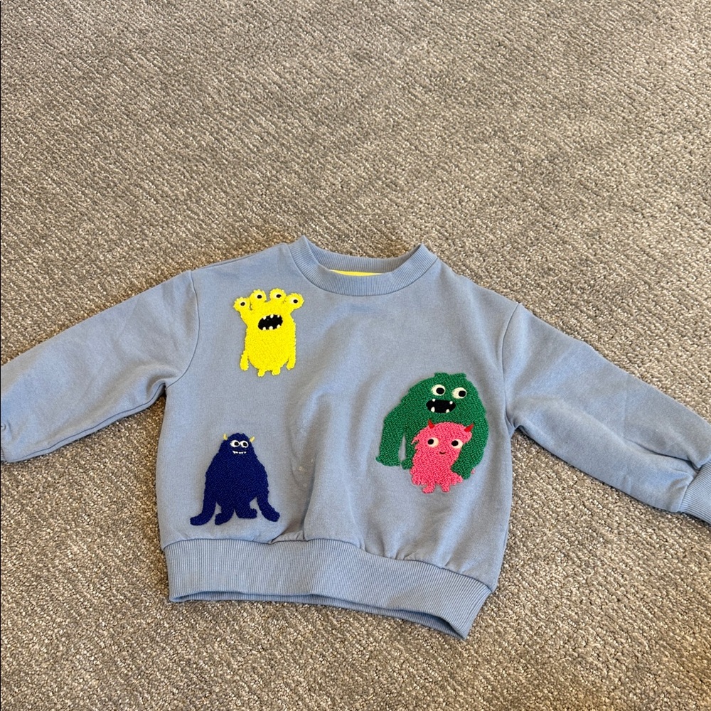 Boden 2-3 yrs Blue Crewneck Sweatshirt with Colorful Monster Appliqués